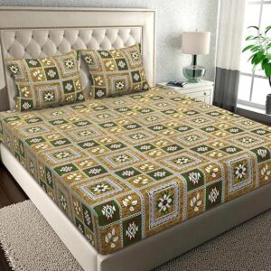 BSB HOME Pure Microfiber Jaipuri Rajasthani Print Bedsheet for Double with 2 Pillow Covers 144tc Breathable Wrinklfree Color - Mouse & Green | 144 TC